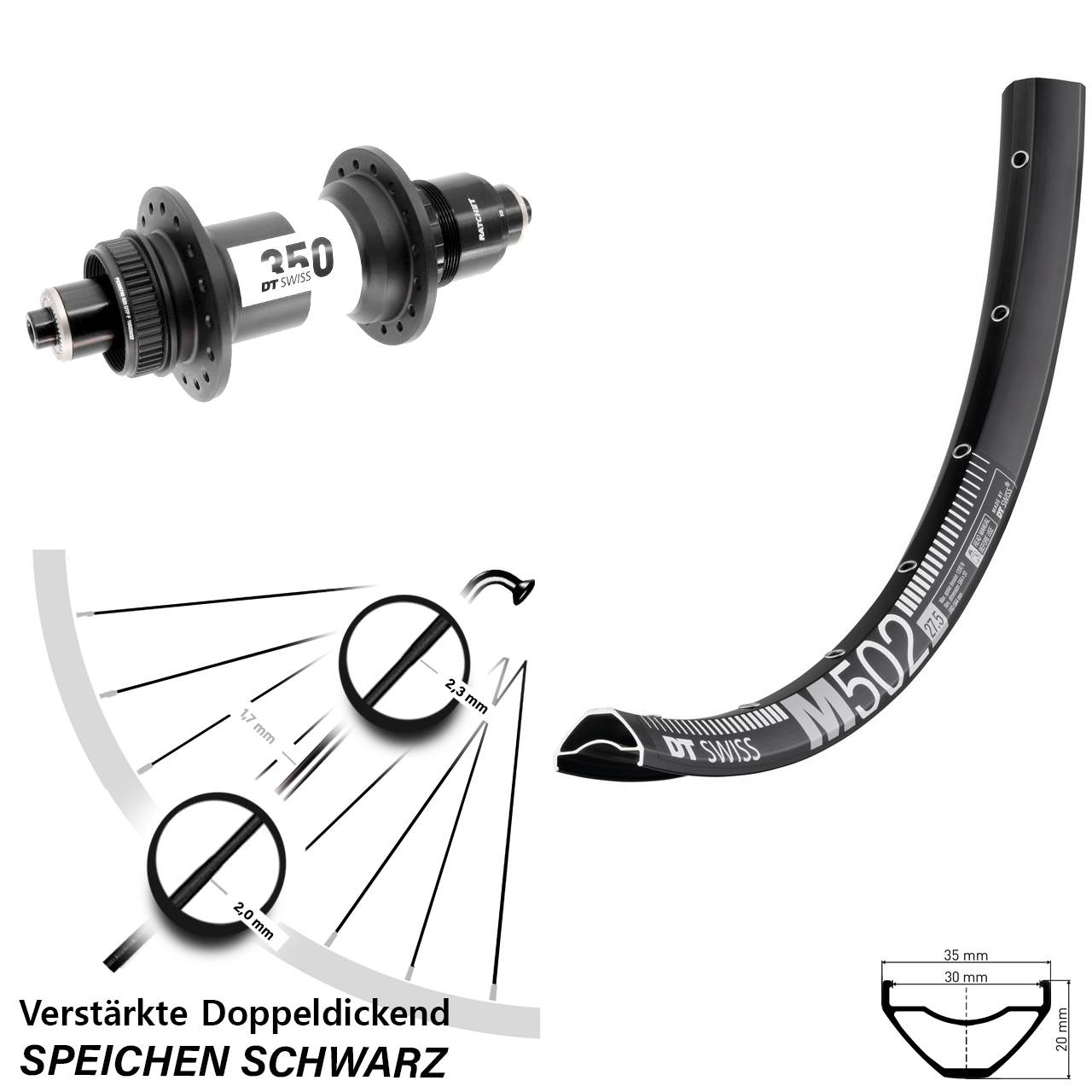 29 Zoll DT Swiss M 502-350 Disc Laufrad für Schnellspanner Boost SRAM XD