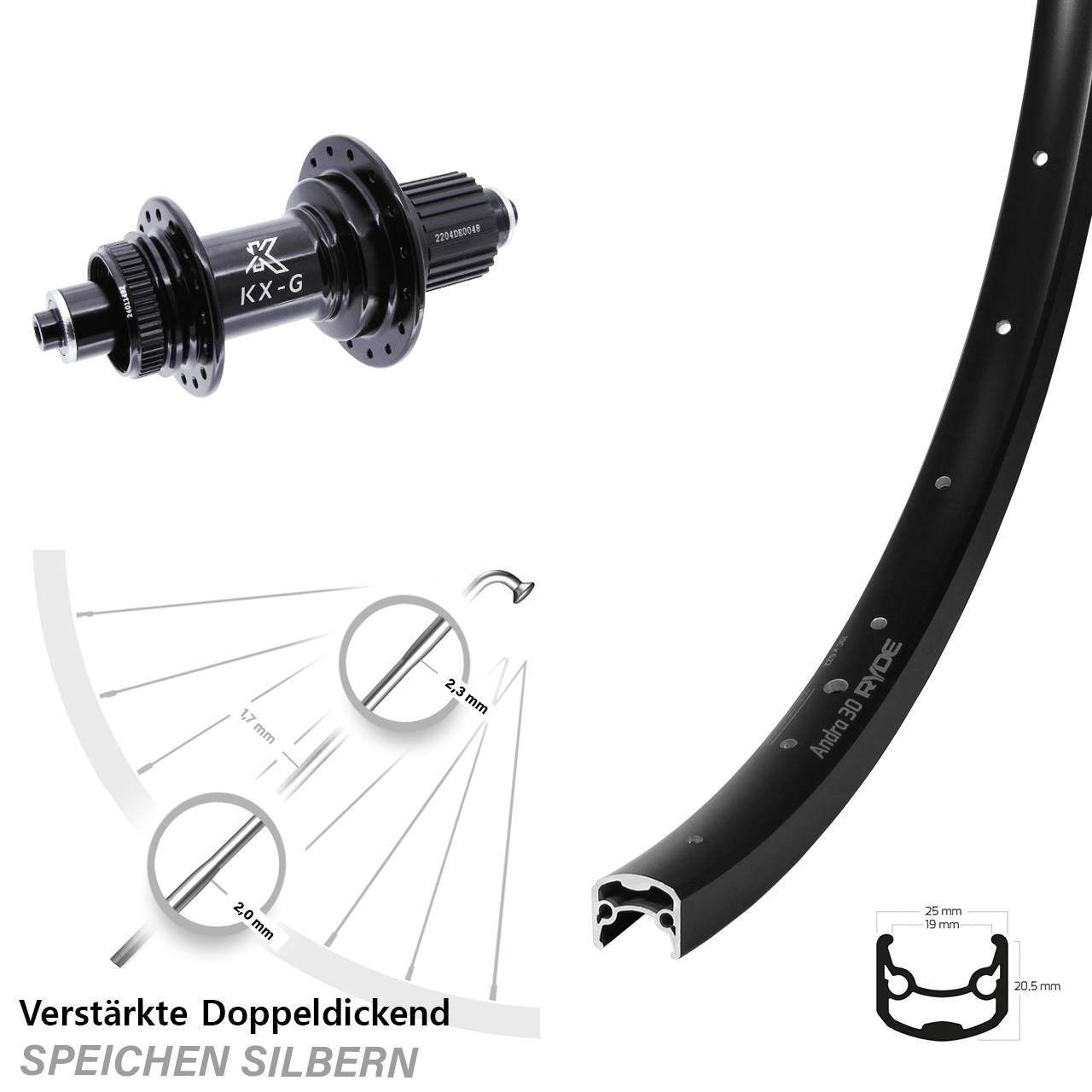 Ryde Andra 30 Disc KX-GS verstärkt 28 Zoll Hinterrad QR Micro Spline