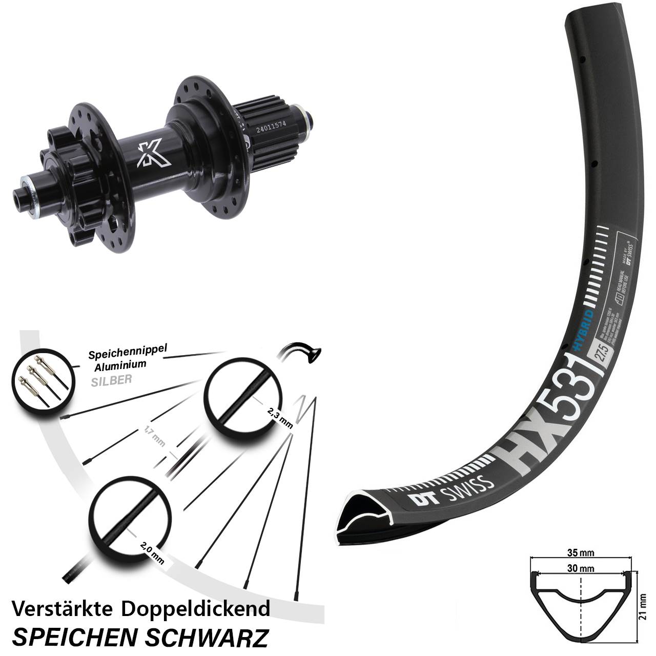 29 Zoll DT Swiss HX531 KX-M 6-Loch Hinterrad für Schnellspanner Micro Spline