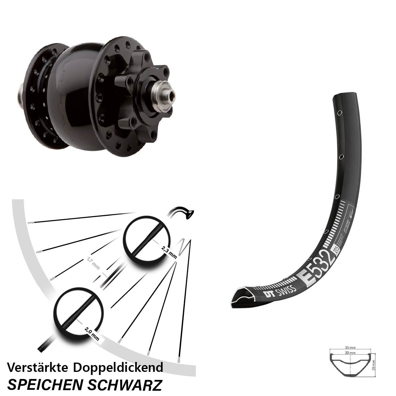 6-Loch Dynamo-Vorderrad 27,5 Zoll DT Swiss E 532 SON 28 für Schnellspanner