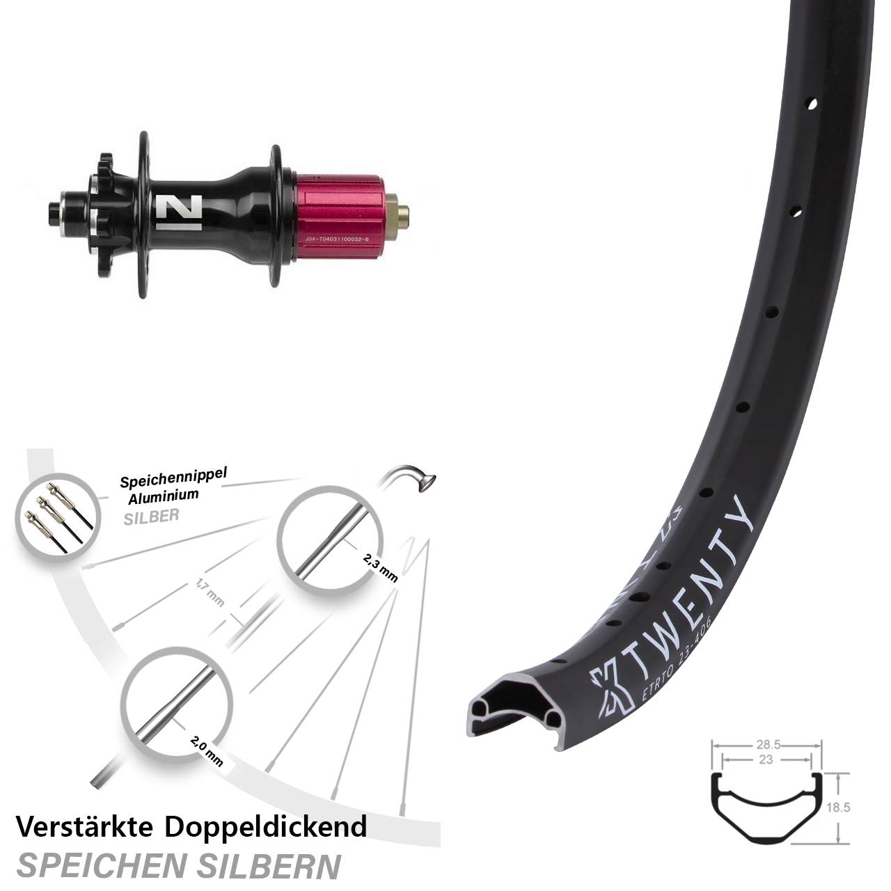 schwarzes 20 Zoll Hinterrad KX Twenty leicht Novatec D792SB 11-fach Schnellspanner