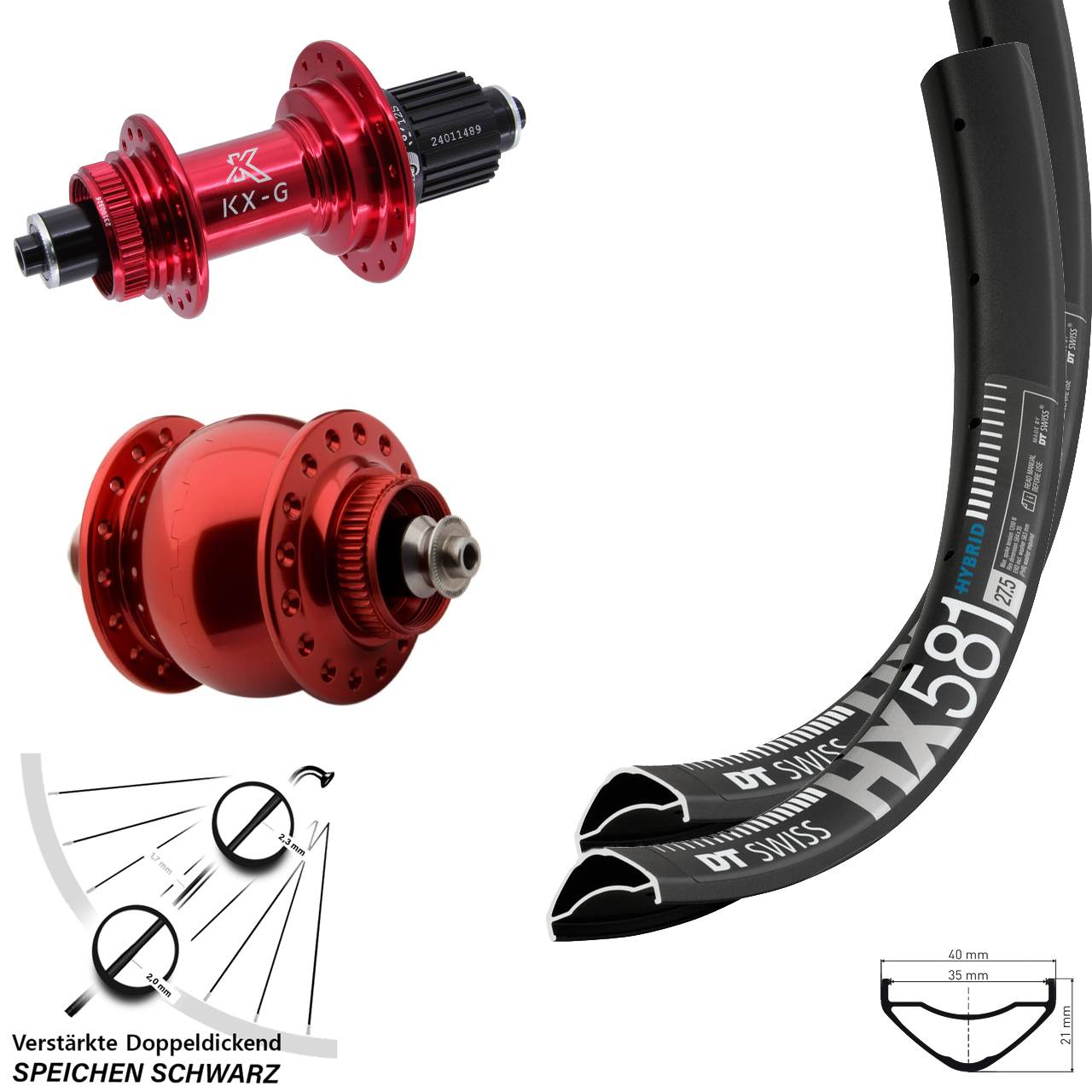 27,5 Zoll DT Swiss HX581 KX-G rot SON 28 Laufradsatz Disc QR Micro Spline