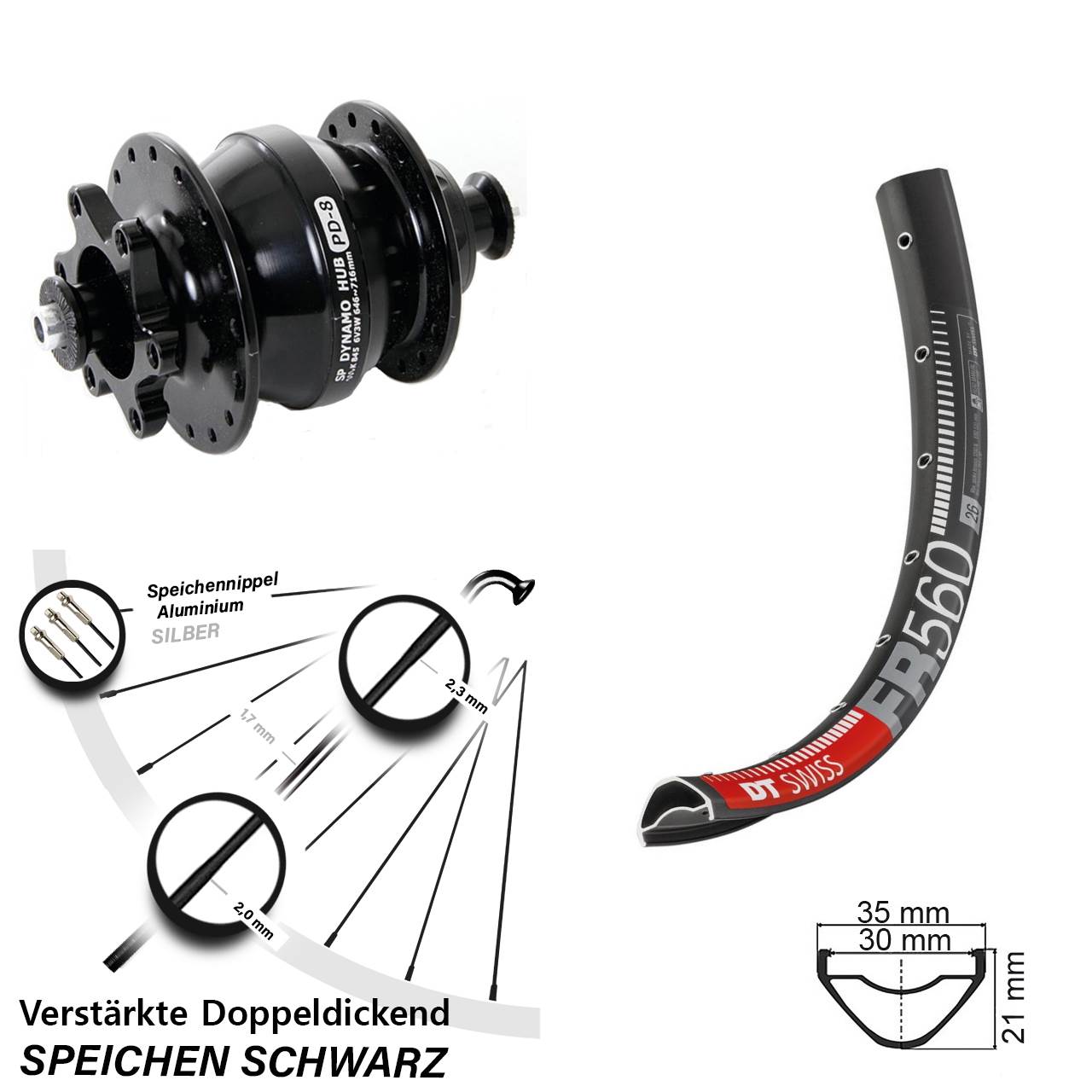 Nabendynamovorderrad 6-Loch 26 Zoll DT Swiss FR560 Shutter PD-8 QR