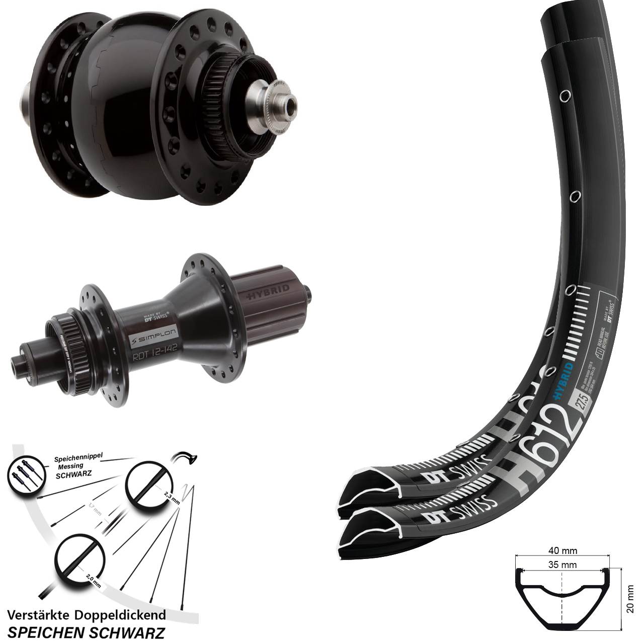 27,5 Zoll DT Swiss H 612 370 Hybrid SON 28 Disc Laufradsatz für Schnellspanner 8-11 fach