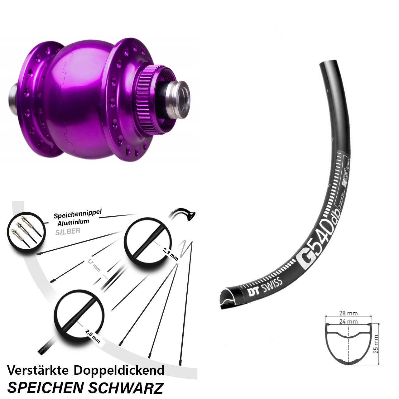 SON 28 violett DT Swiss G 540 Zoll Centerlock Dynamovorderrad 12x100
