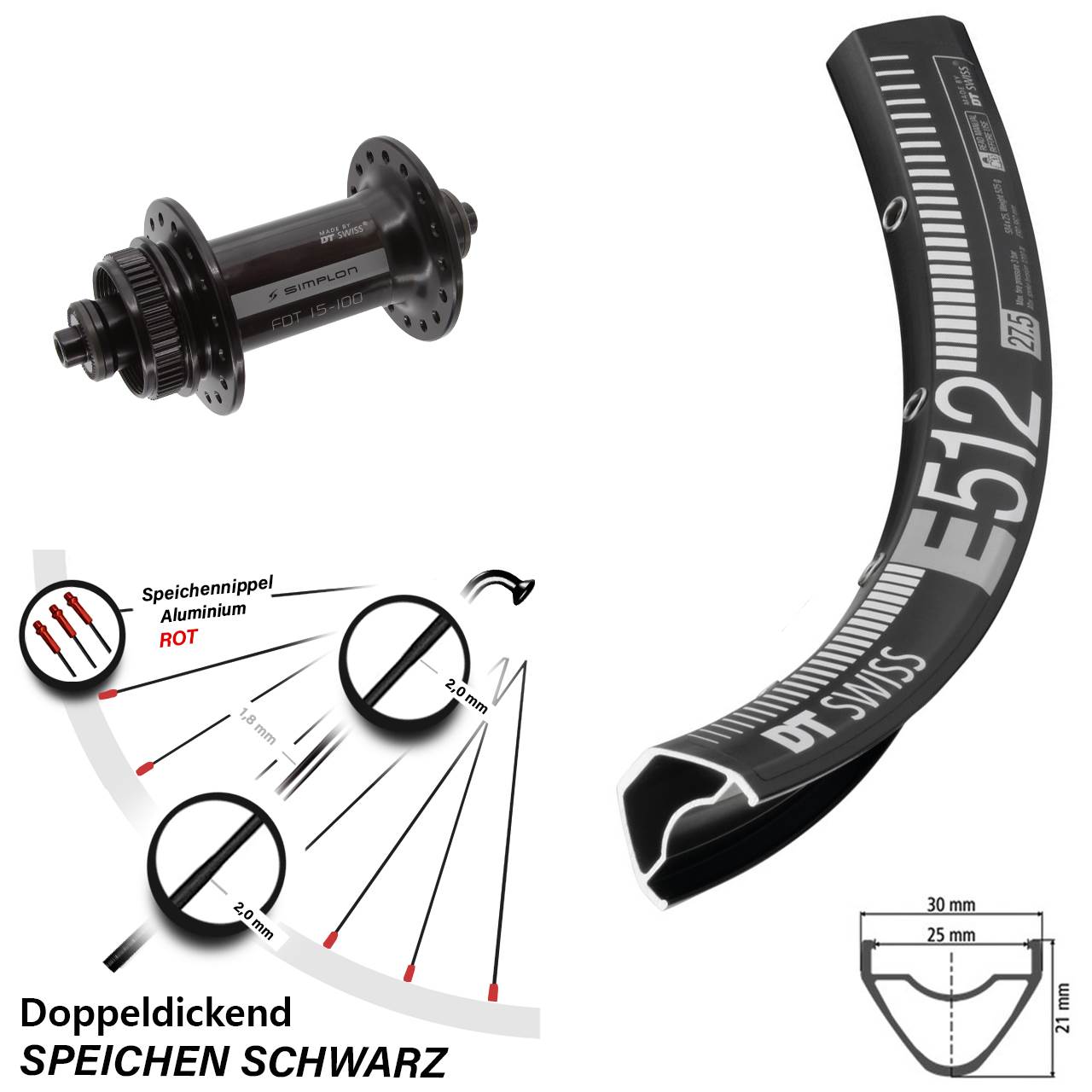 27,5 Zoll DT Swiss E 512-370 Centerlock Vorderrad für Schnellspanner