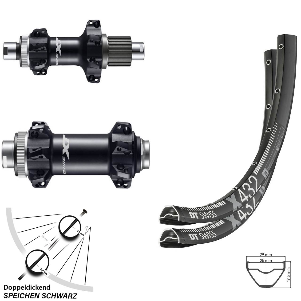 29 Zoll Laufradsatz DT Swiss X 432 Shimano XT Boost Straightpull 12-fach Micro Spline