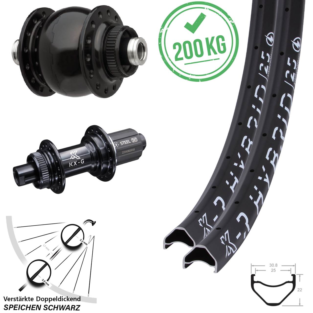 KX-GSR Hybrid 25 verstärkt SON 28 26 Zoll Disc Laufrad-Satz 12x100/142 8-12 fach HG