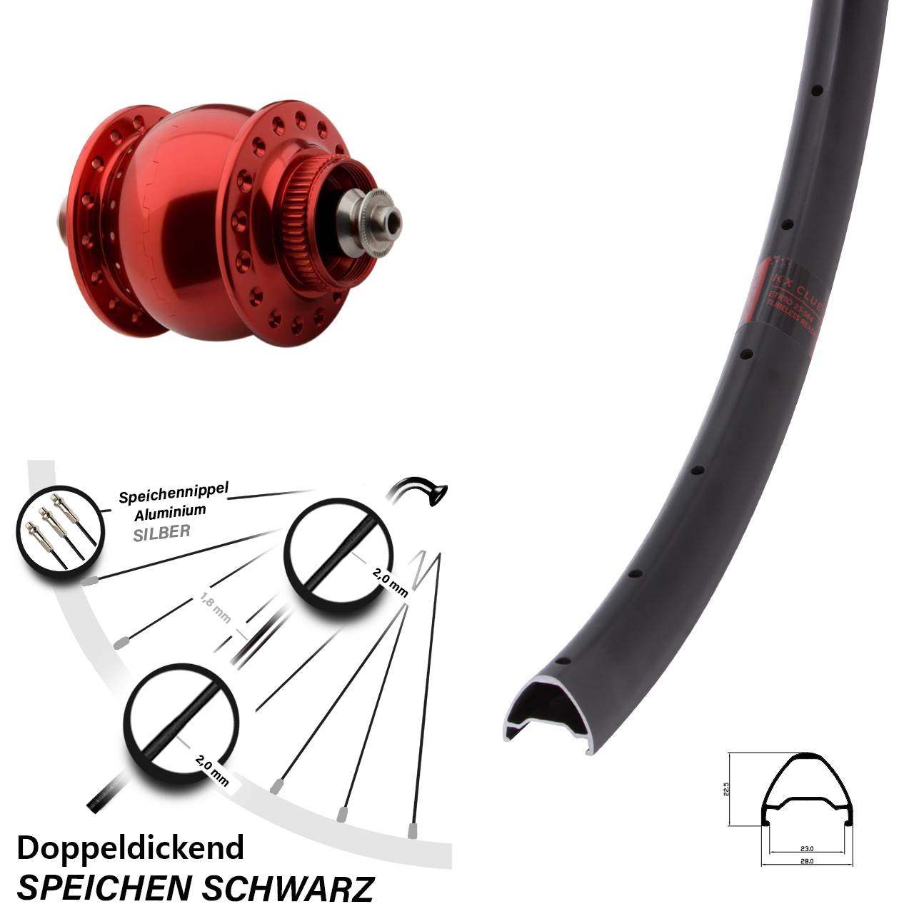 Disc Nabendynamo-Laufrad 26 Zoll KX Clue SON delux rot QR