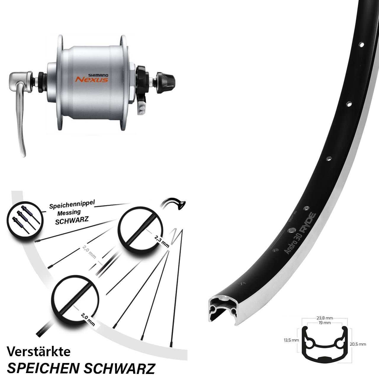 Nabendynamolaufrad 26 Zoll Ryde Andra 30 Shimano DH-C3000 für Schnellspanner