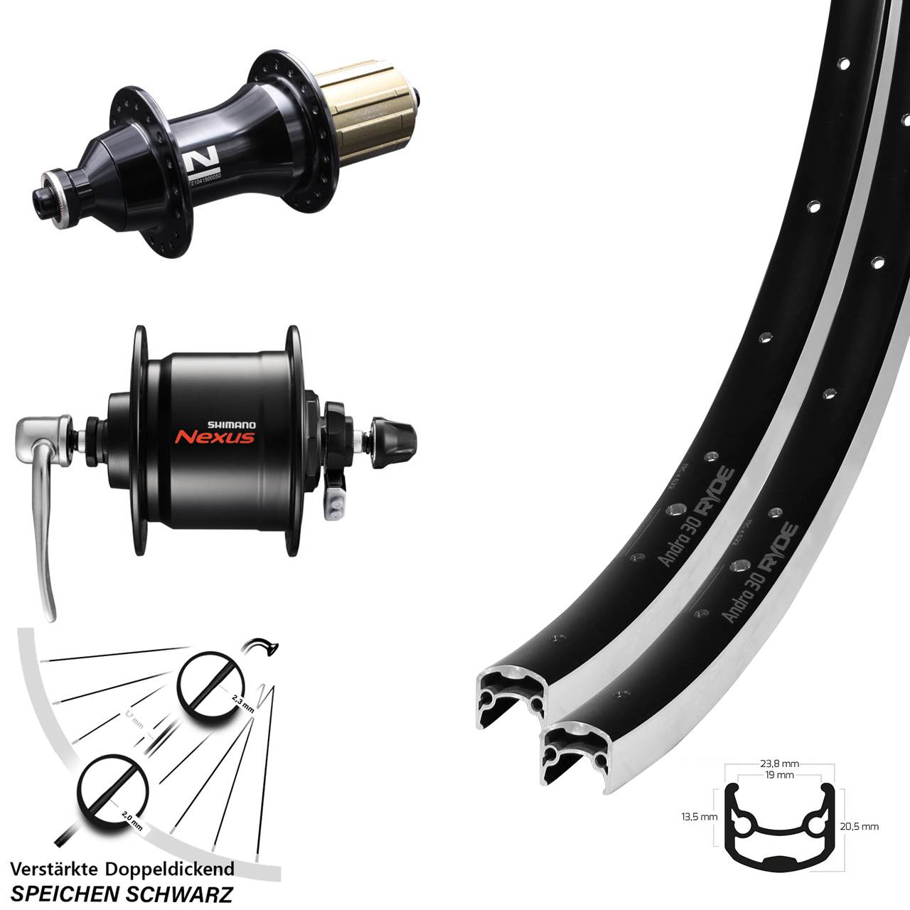 Laufradsatz QR 28 Zoll Ryde Andra 30 Novatec F162SB Shimano Nexus DH-C3000 8-12 fach