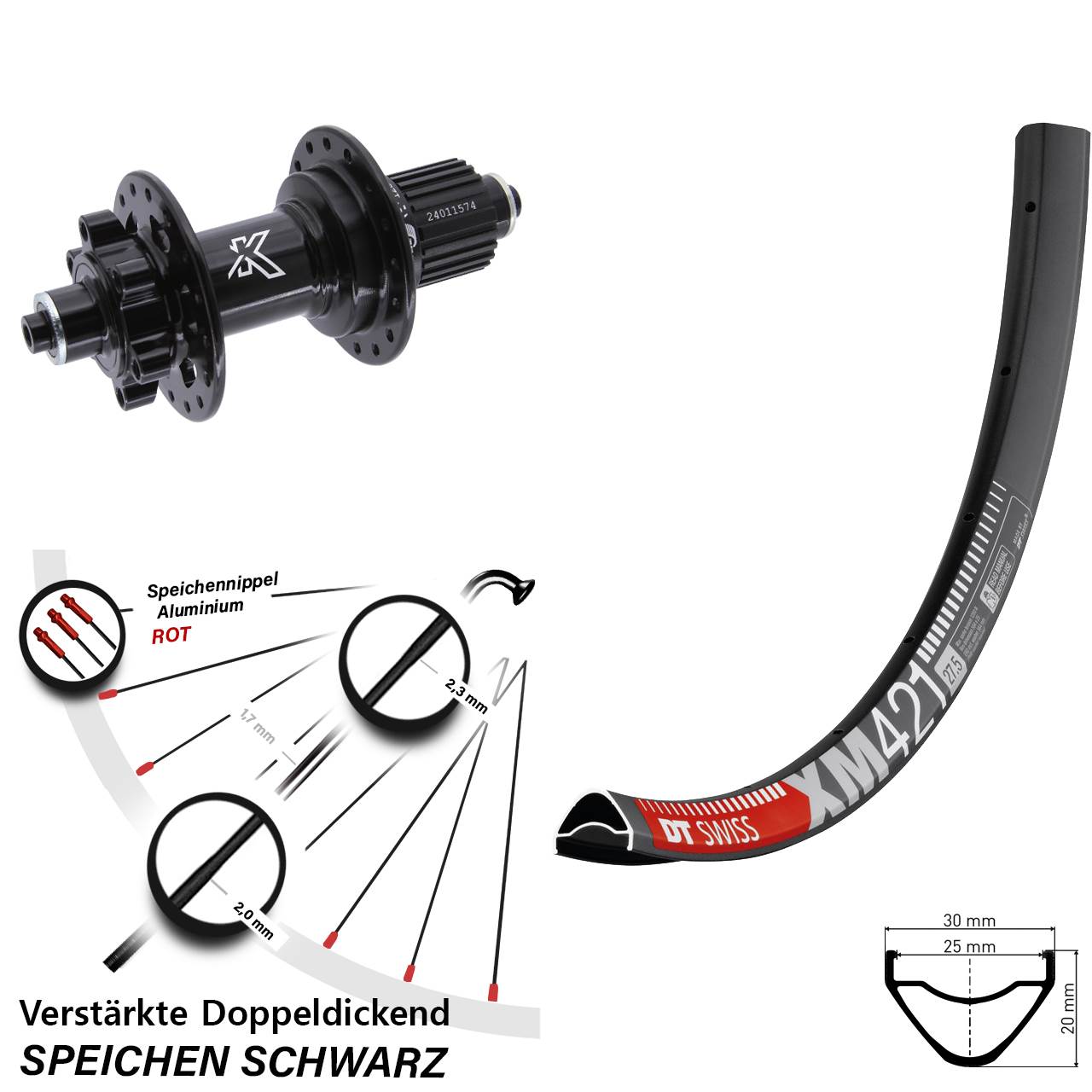Hinterrad 6-Loch 27,5 Zoll DT Swiss XM421 KX-M Shimano Micro Spline für Schnellspanner