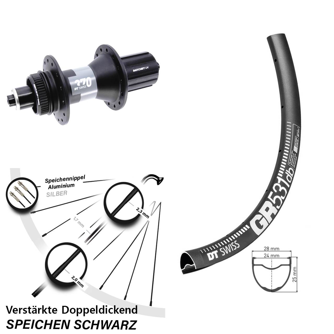 DT Swiss GR531-370 28 Zoll Hinterrad Centerlock für Schnellspanner 8-12 fach HG