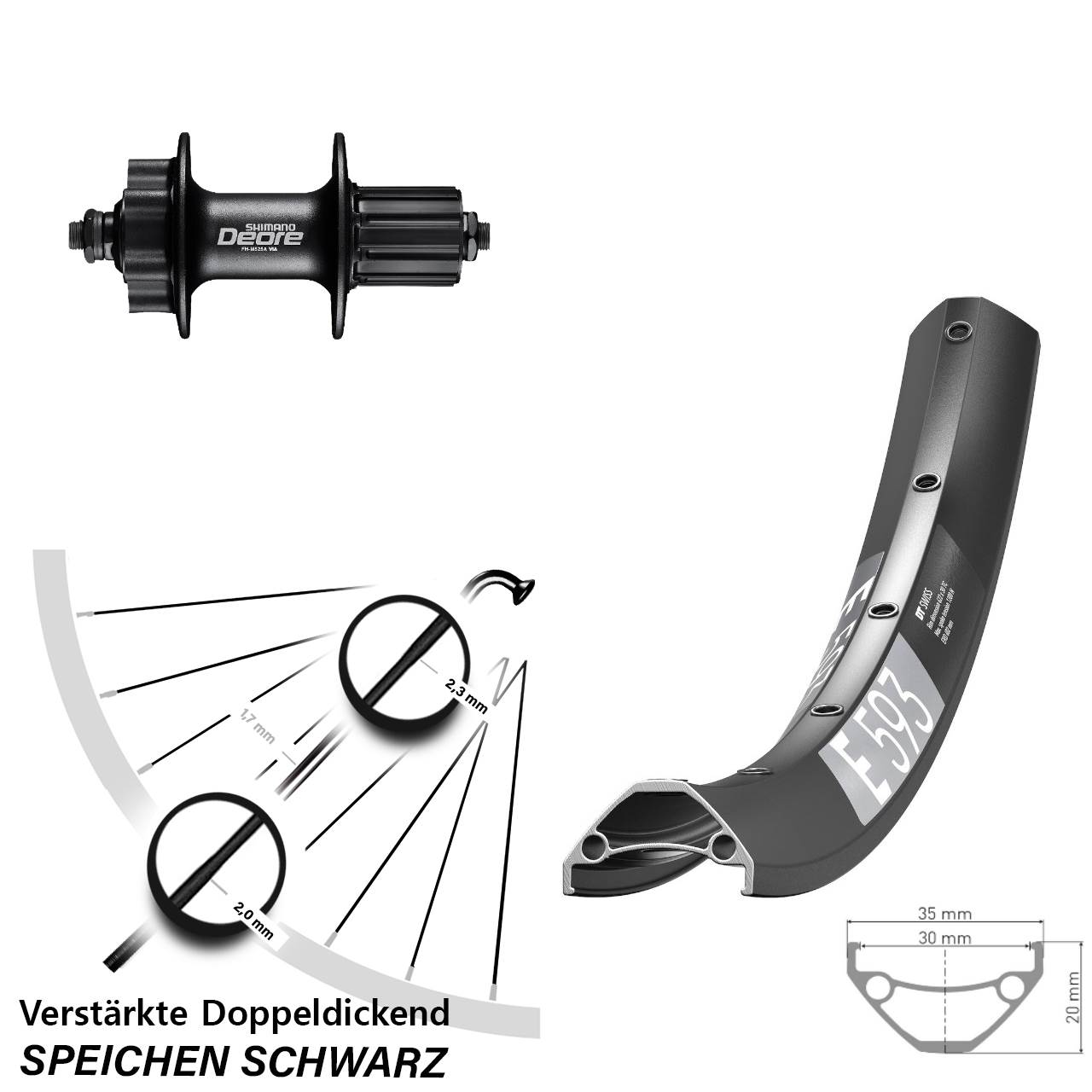6-Loch Hinterrad für Schnellspanner 27,5 Zoll DT Swiss E 593 Shimano Deore 8-11 fach HG