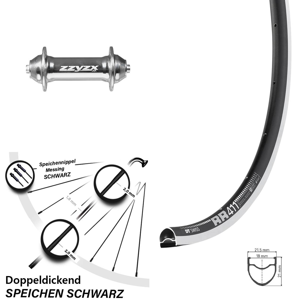 DT Swiss RR 411 Vorderrad 28 Zoll Formula ZZYZX TS 91 silbern