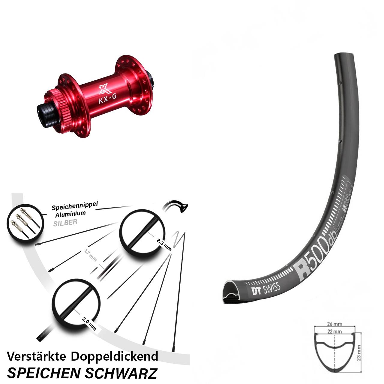 Road Disc DT Swiss R 500 Vorderrad 28 Zoll verstärkt KX-G rot-eloxiert 12x100 mm