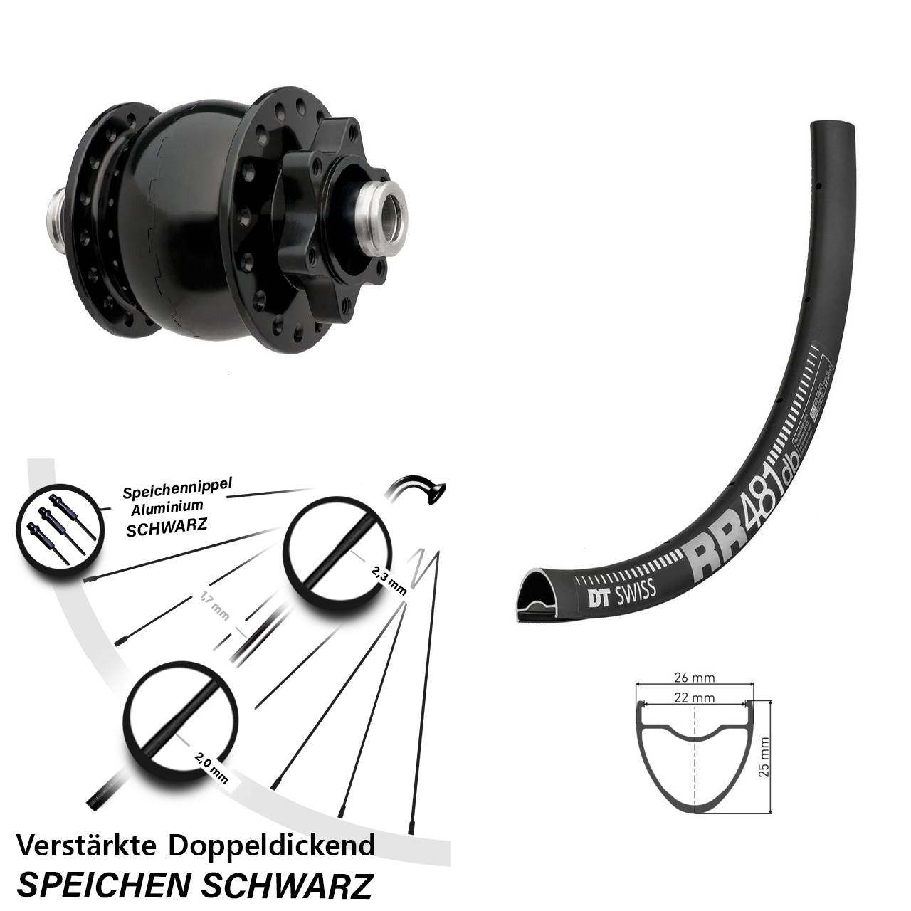 Nabendynamovorderrad 6-Loch 12x100 DT Swiss RR481 SON 28 Zoll