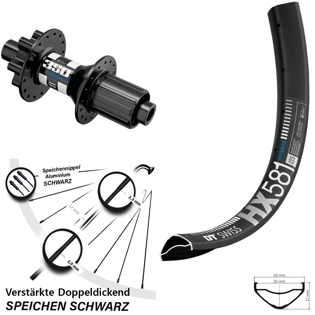 27,5 Zoll HX 581 DT Swiss 350 Hybrid Hinterrad 6-Loch 12x148 Boost 8-11 fach HG
