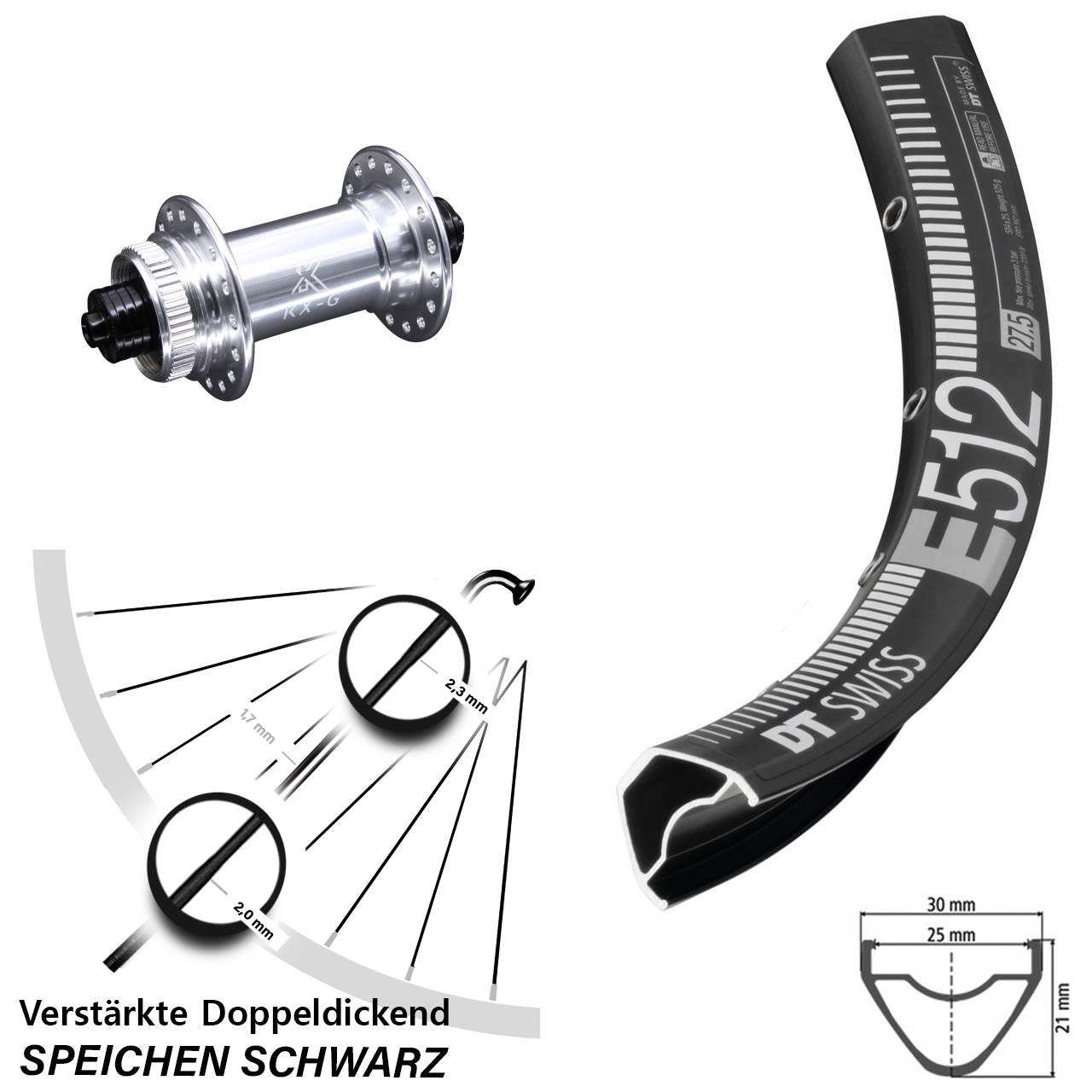 29 Zoll Vorderrad MTB Enduro DT Swiss E 512 KX-G silbern Centerlock Schnellspanner