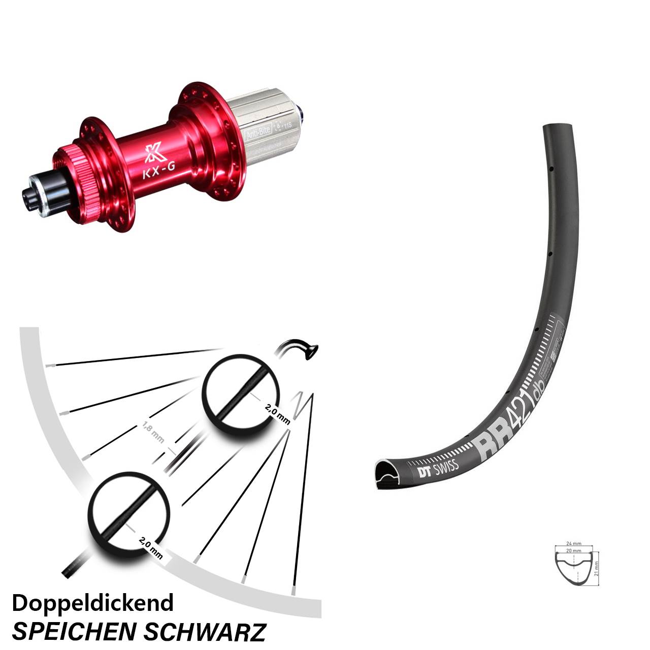DT Swiss RR 421 DB Hinterrad 28 Zoll mit KX-G 8-12 fach Nabe rot-eloxiert Schnellspanner
