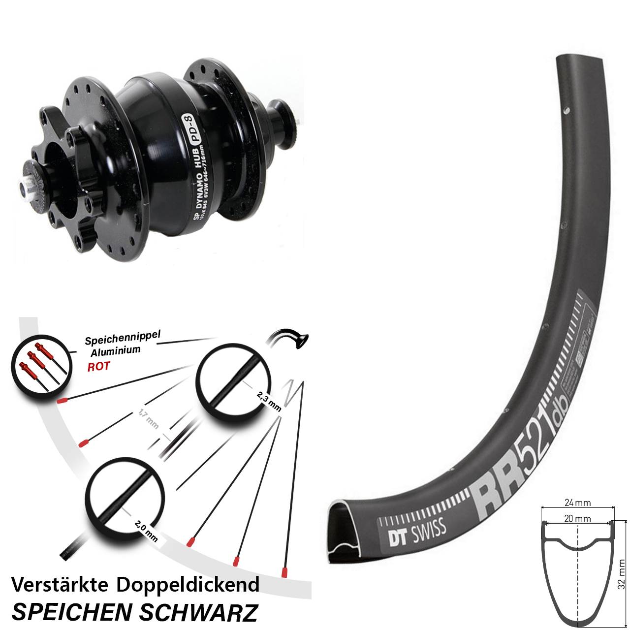 Nabendynamovorderrad 6-Loch QR 28 Zoll DT Swiss RR 521 Shutter Precision PD-8
