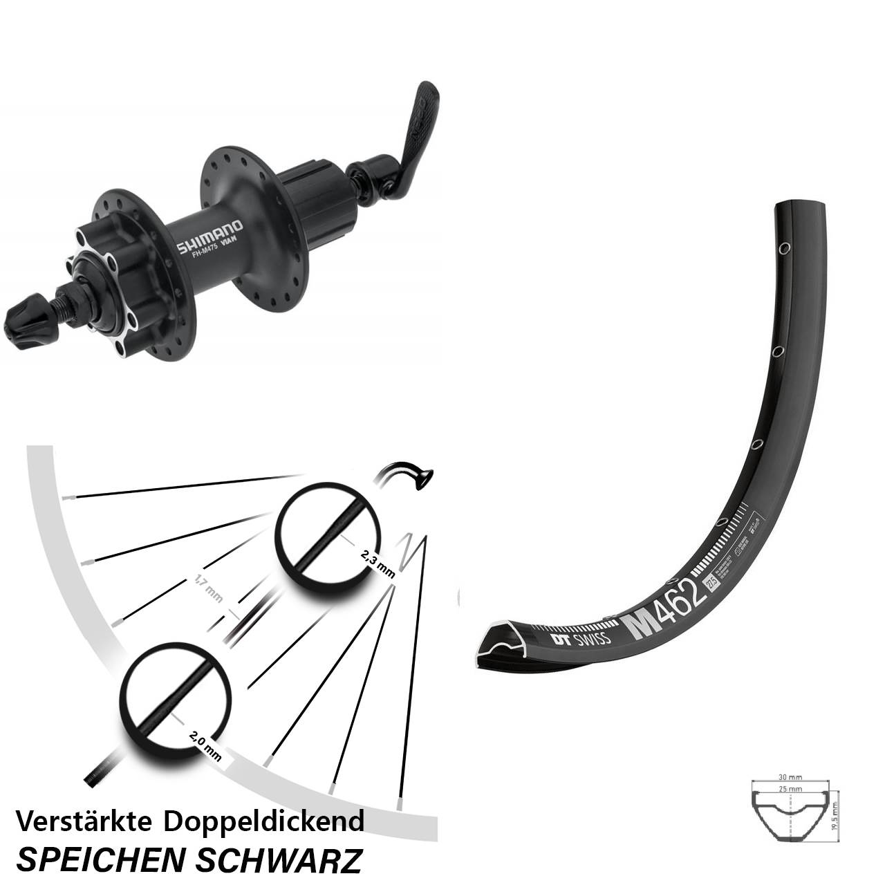 6-Loch Hinterrad für Schnellspanner 27,5 Zoll DT Swiss M462 Shimano FH-M475 8-11 fach HG