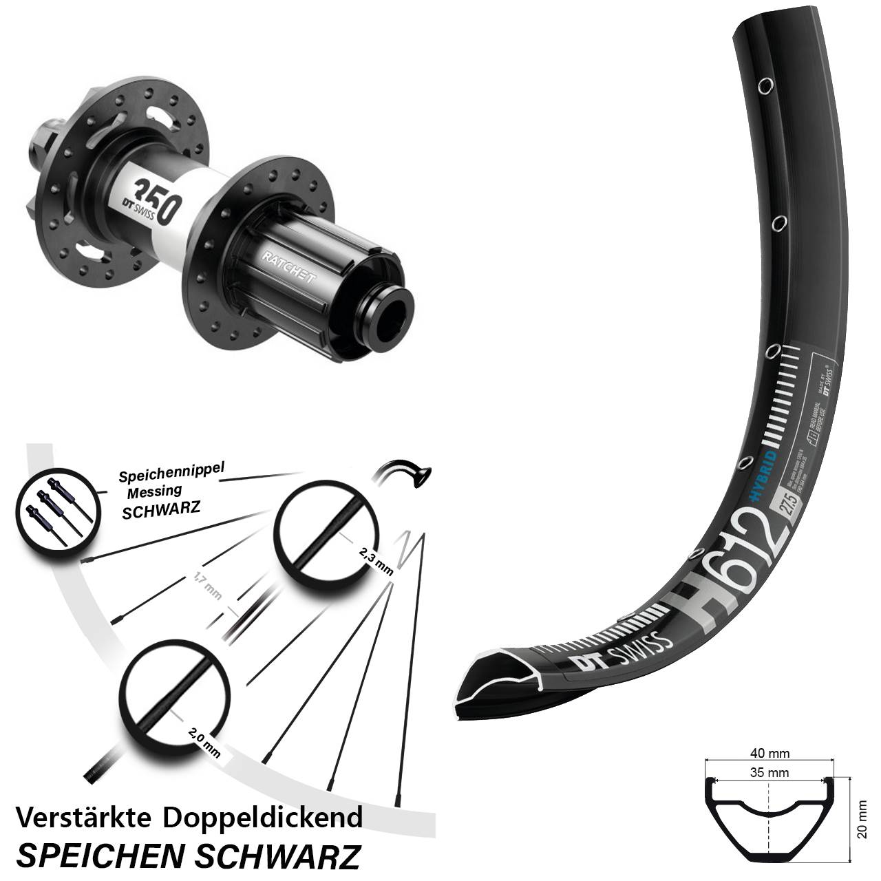 DT Swiss H612-350 27,5 Zoll 6-Loch Hinterrad 12x148 8-11 fach