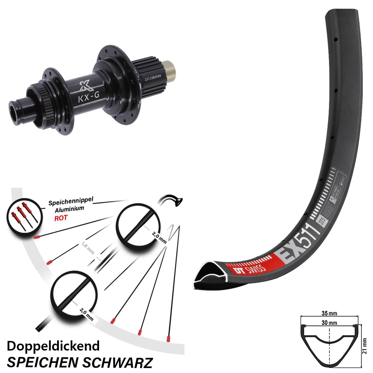 Hinterrad 27,5 Zoll DT Swiss EX 511 KX-G Micro Spline 12x142