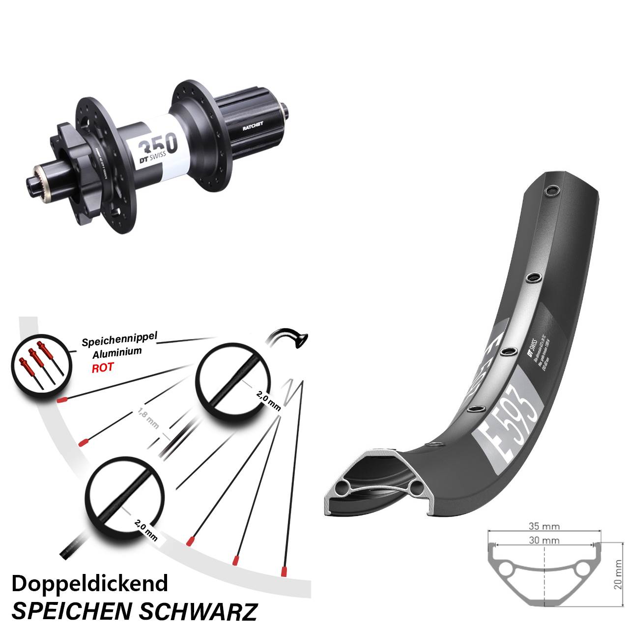 DT Swiss E593-350 650B Disc Laufrad für Schnellspanner Boost 8-11 fach HG