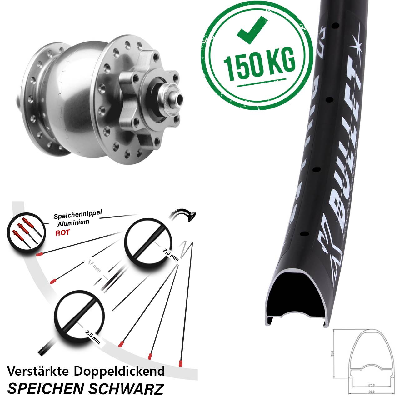 Nabendynamovorderrad 6-Loch für Schnellspanner 29 Zoll KX Bullet SON 28