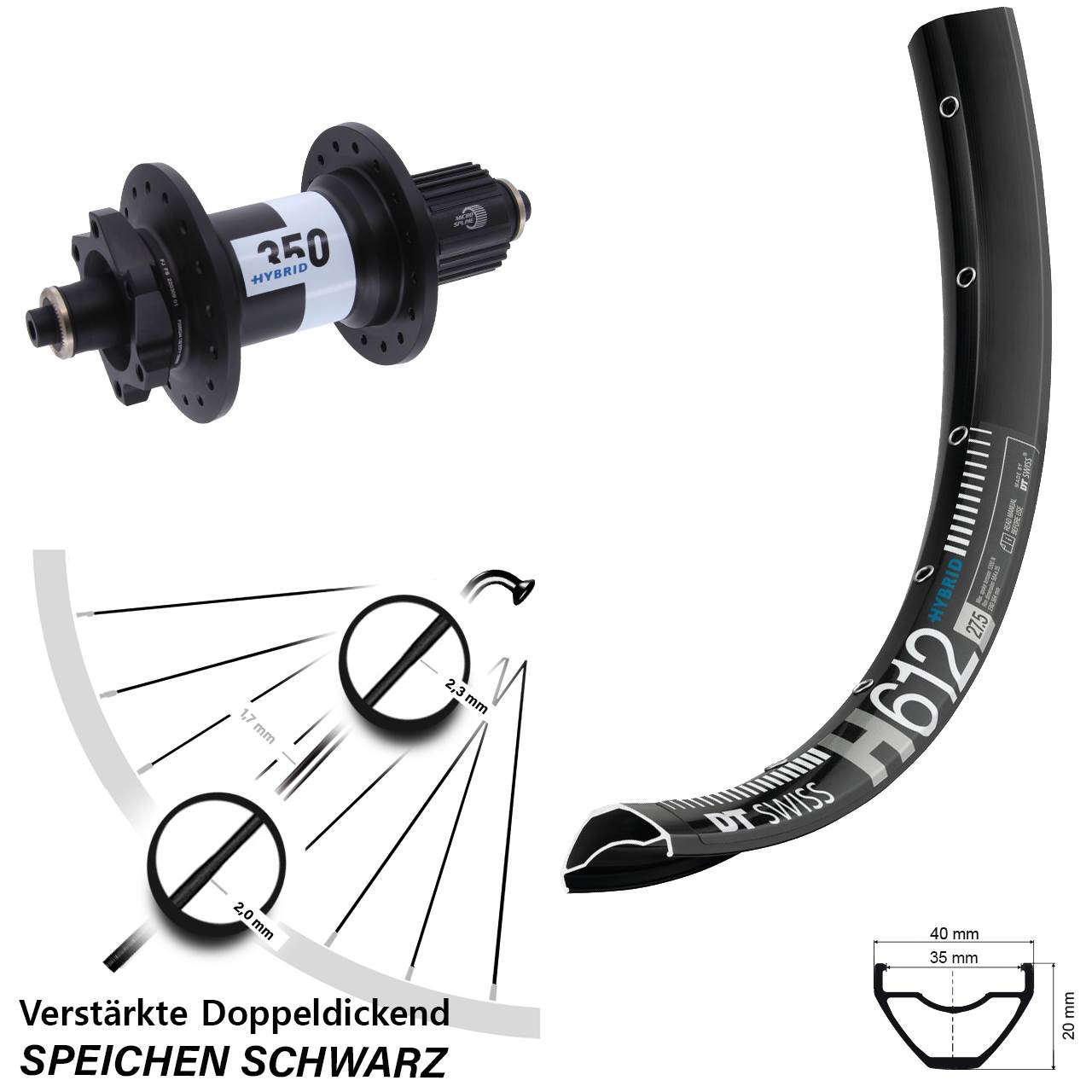 27,5 Zoll DT Swiss H 612-350 Hybrid Laufrad für Schnellsp. Micro Spline