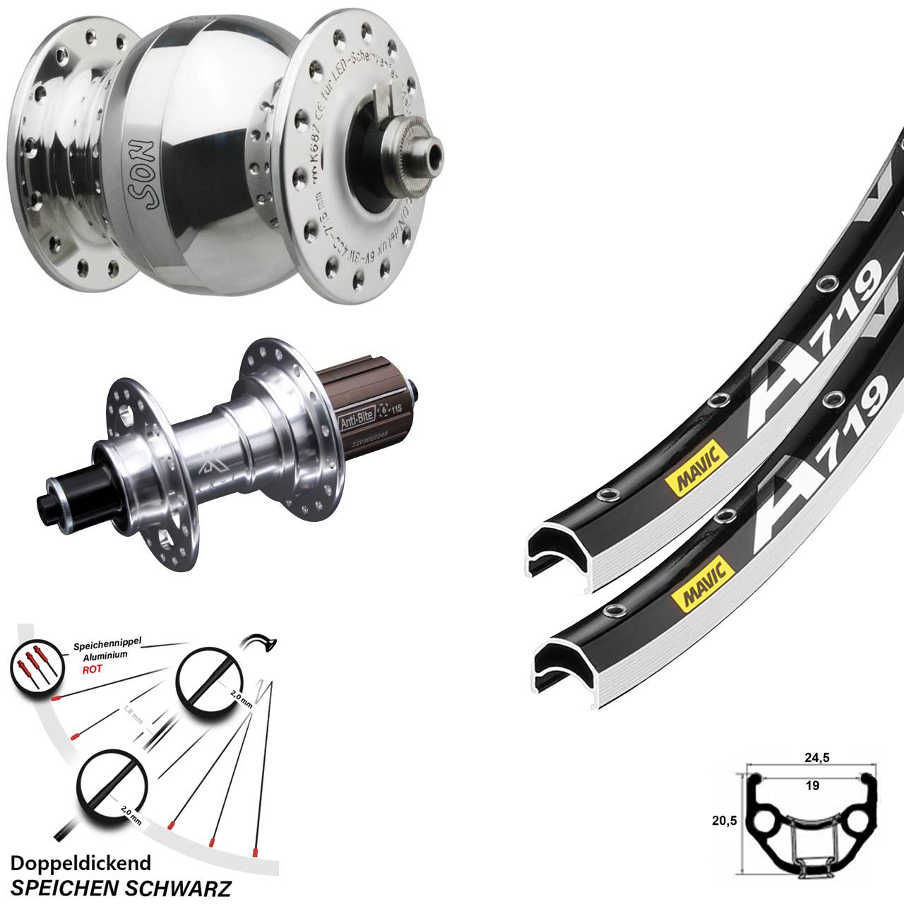 Mavic A 719 KX-T SON delux wide body 28 Zoll Laufradsatz QR 8-12 fach HG