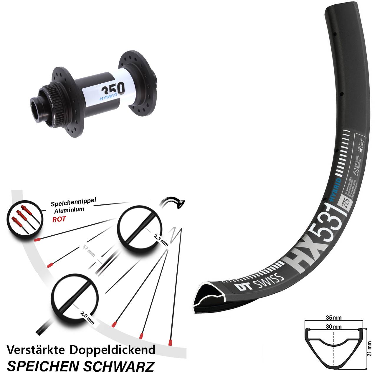 DT Swiss HX 531-350 Hybrid 27,5 Zoll Vorderrad Centerlock 15x110 Boost
