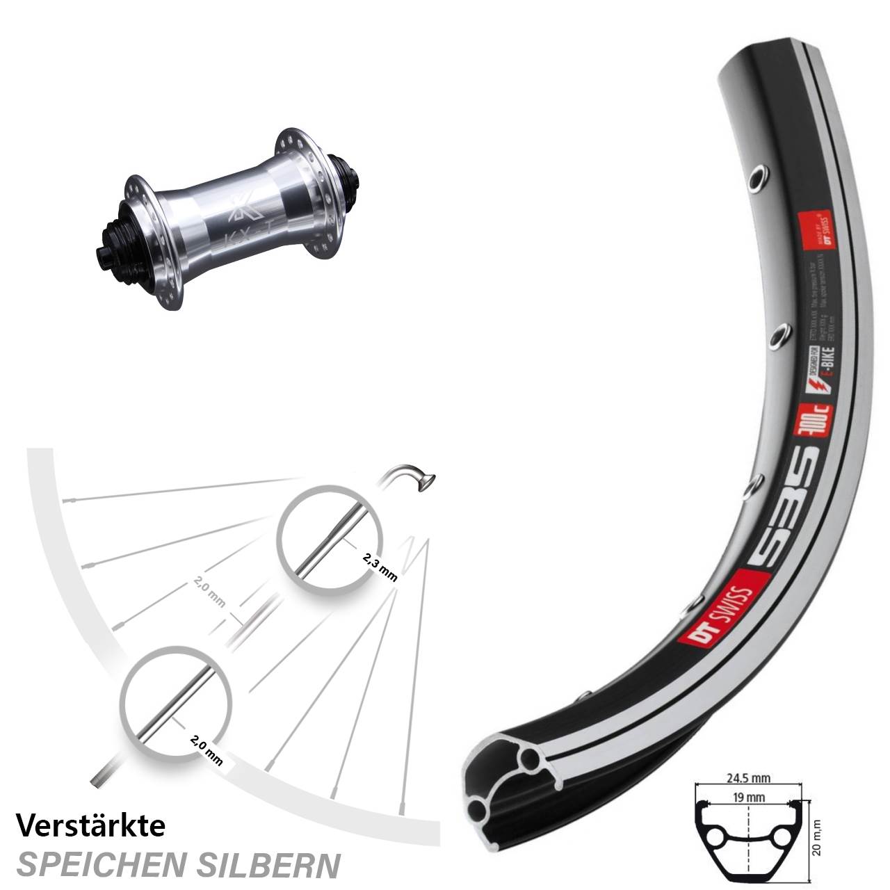 26 Zoll Vorderrad DT Swiss 535 mit KX-T Nabe silbern 4-fach gelagert