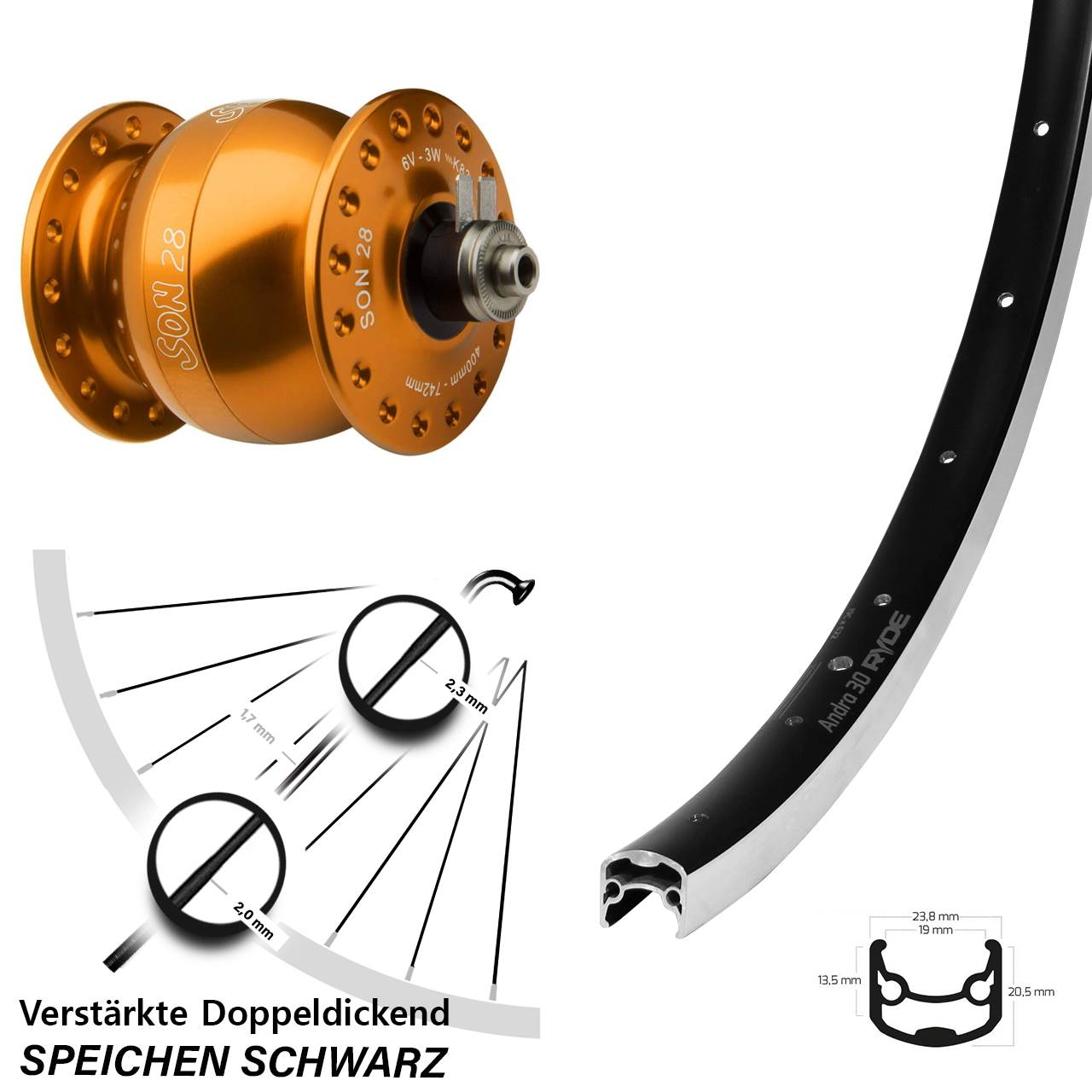 Vorderrad mit Nabendynamo QR SON 28 Zoll Ryde Andra 30 orange