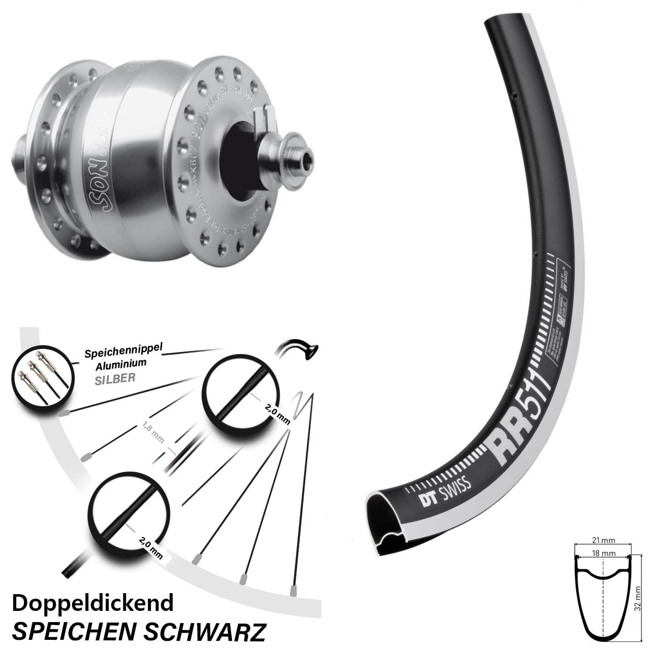 SONdelux DT Swiss RR511 28 Zoll Nabendynamovorderrad für Schnellspanner