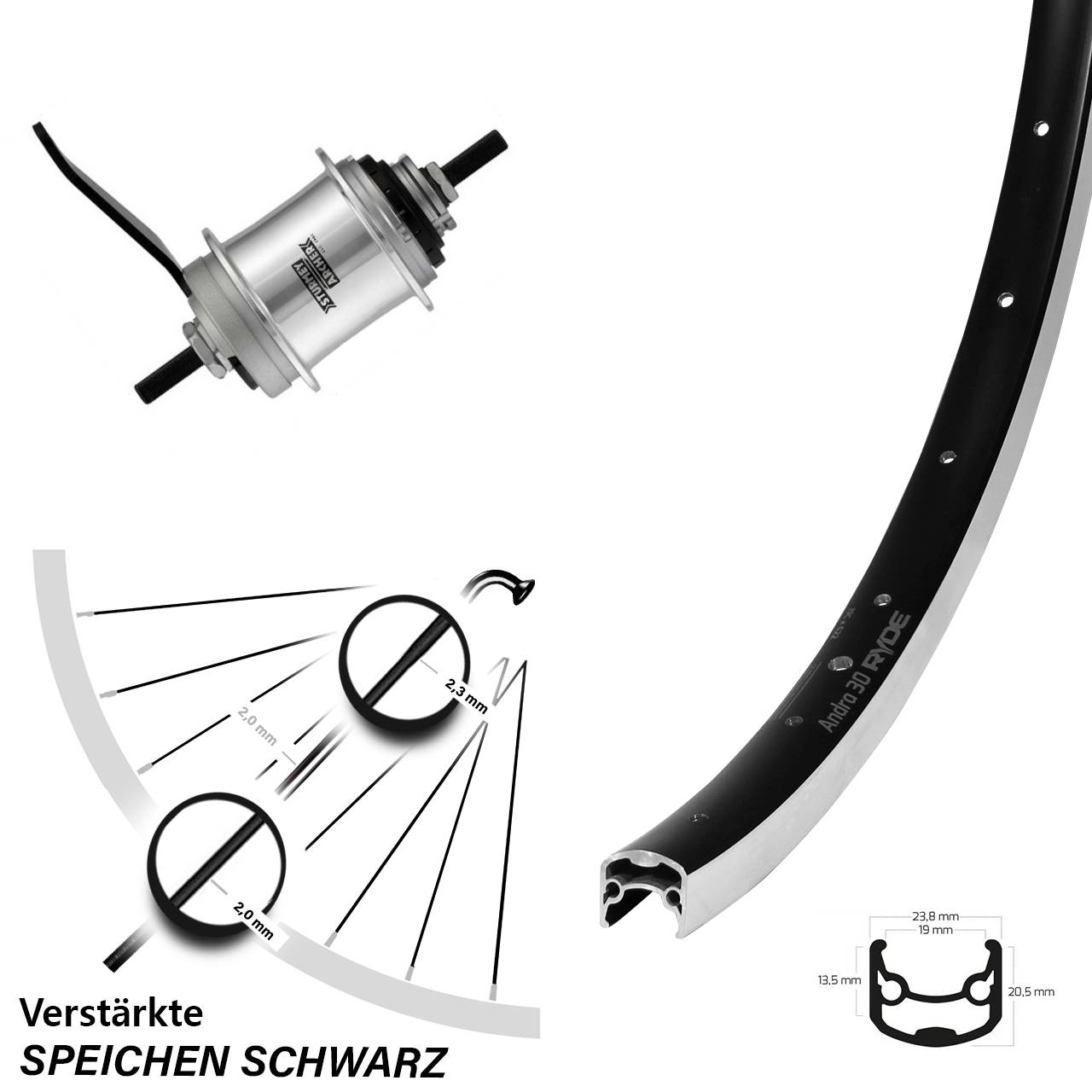 Hinterrad 26 Zoll Ryde Andra 30 Sturmey Archer IHS3C 3 Gang Rücktritt