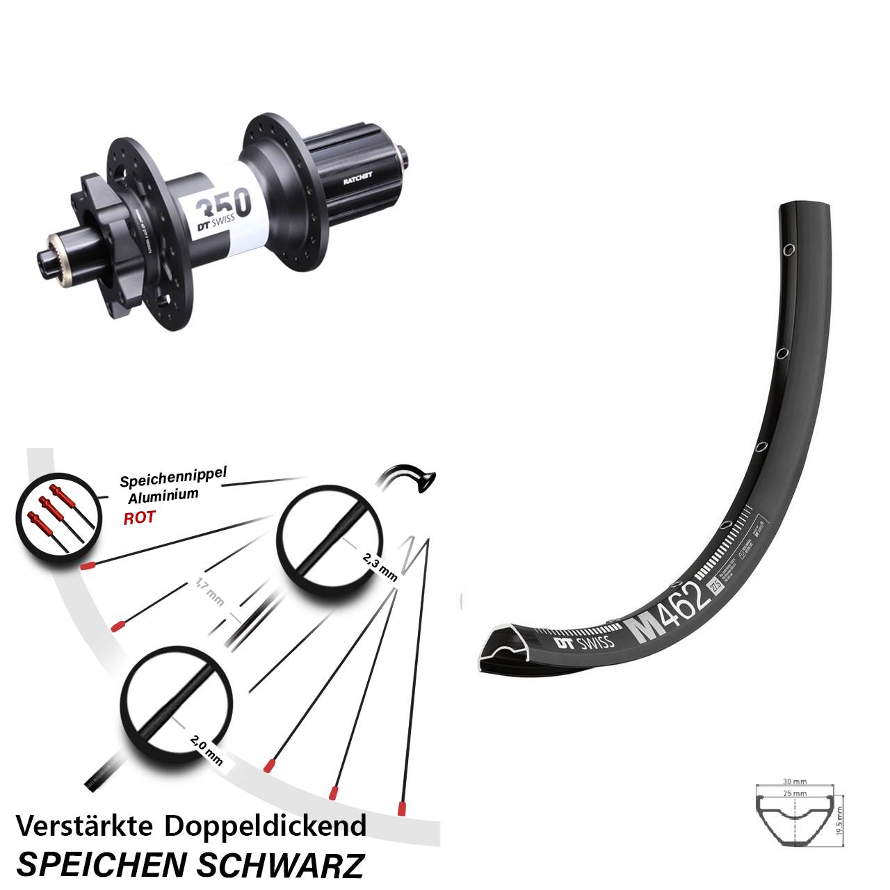 DT Swiss M462-350 27,5 Zoll Disc Hinterrad für Schnellspanner 8-11 fach HG