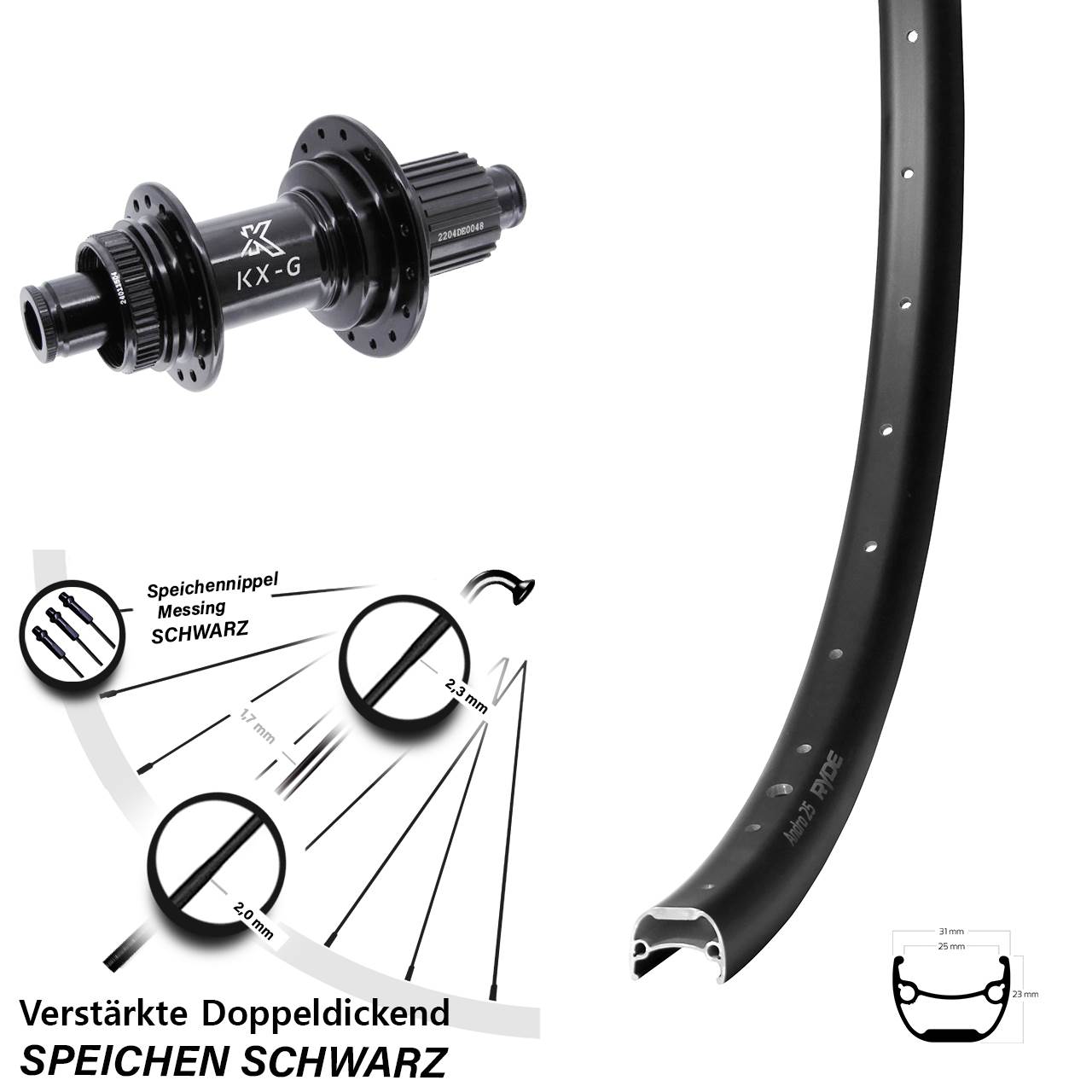 28-29 Zoll Ryde Andra 25 KX-GS Heavy Duty Hinterrad Centerlock 12x142 Shimano Micro Spline