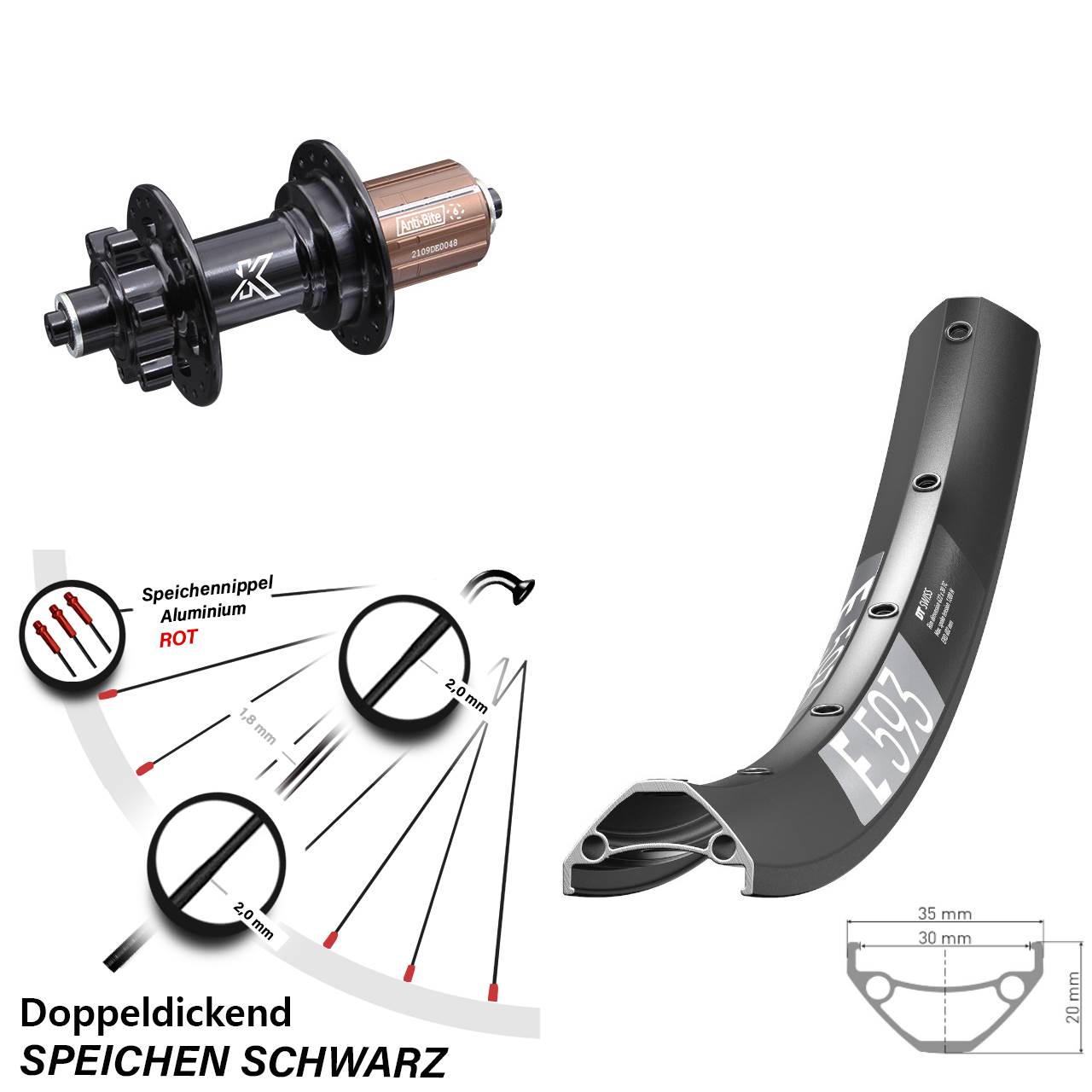 6-Loch Hinterrad QR 29 Zoll DT Swiss E593 KX-M 8-12 fach HG