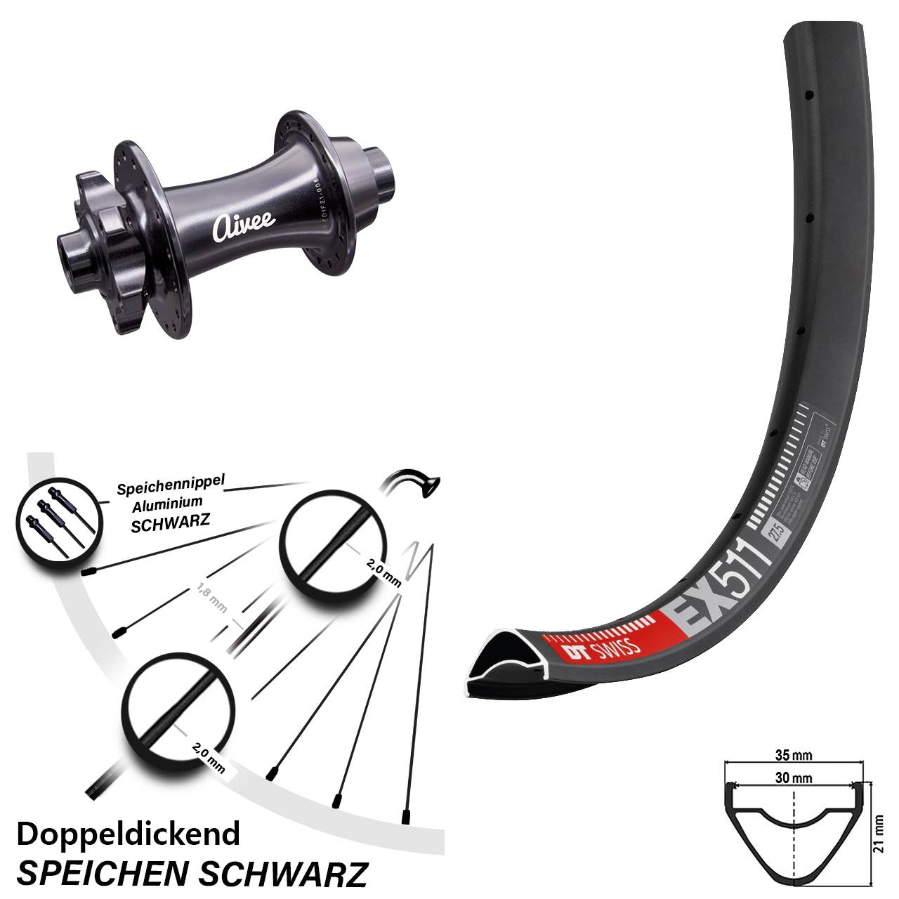 DT Swiss EX511 Aivee 27,5 Zoll Vorderrad 6-Loch 15x110 Boost