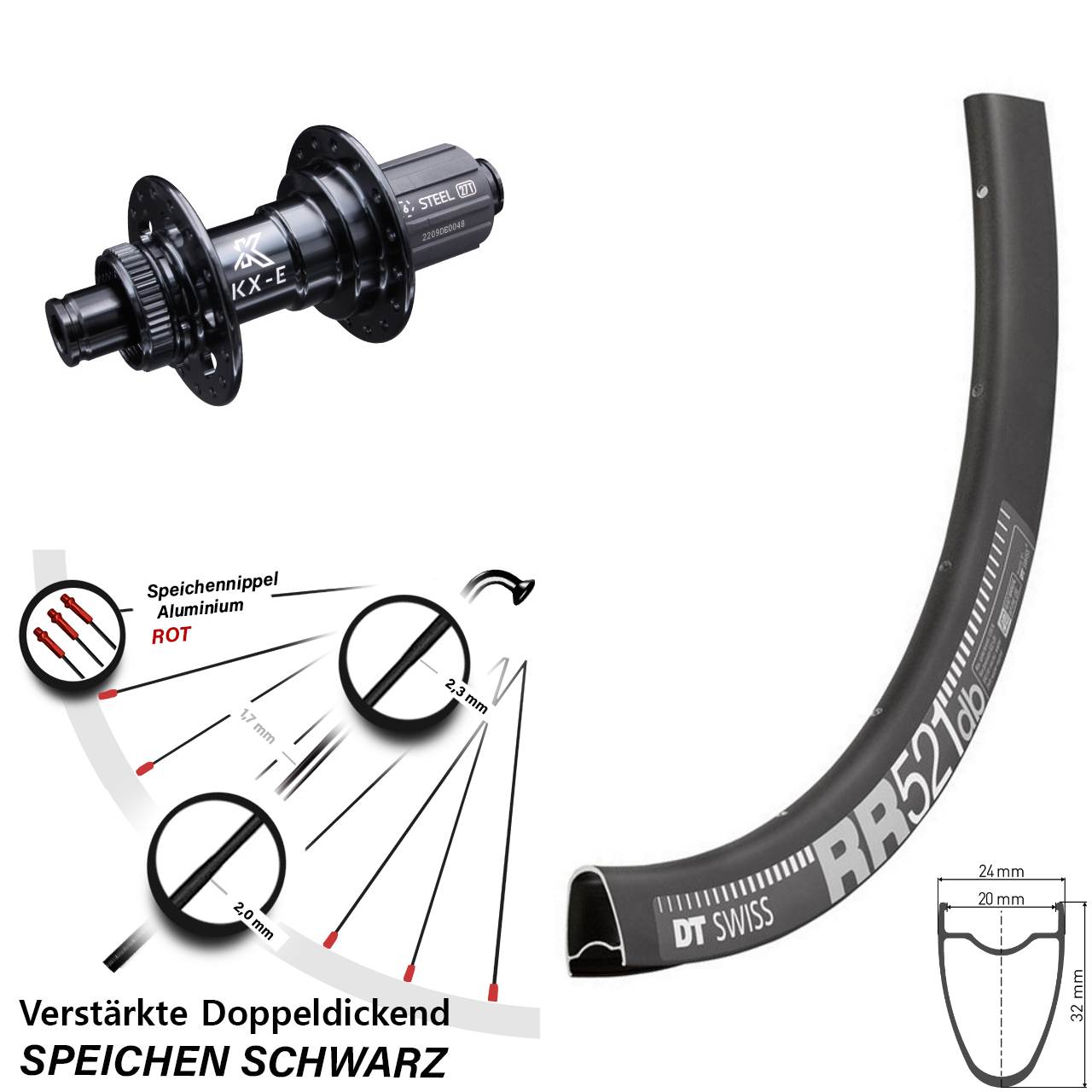 DT Swiss RR 521 KX-E verstärkt 28 Zoll Hinterrad Centerlock 12x142 8-12 fach