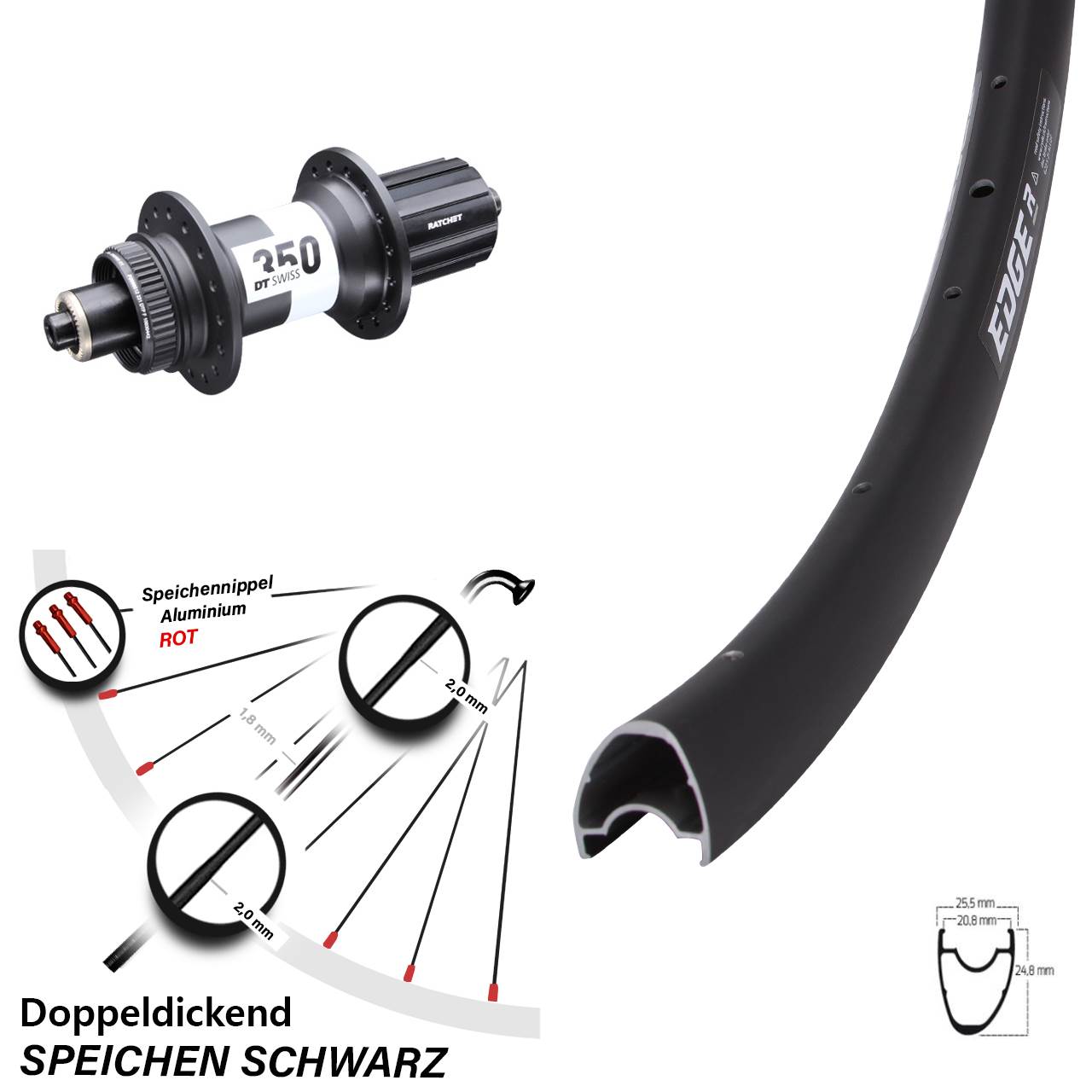 Ryde Edge R25 OS Disc Hinterrad 28 Zoll DT Swiss 350 Centerlock 5x135 mm Road 11-fach