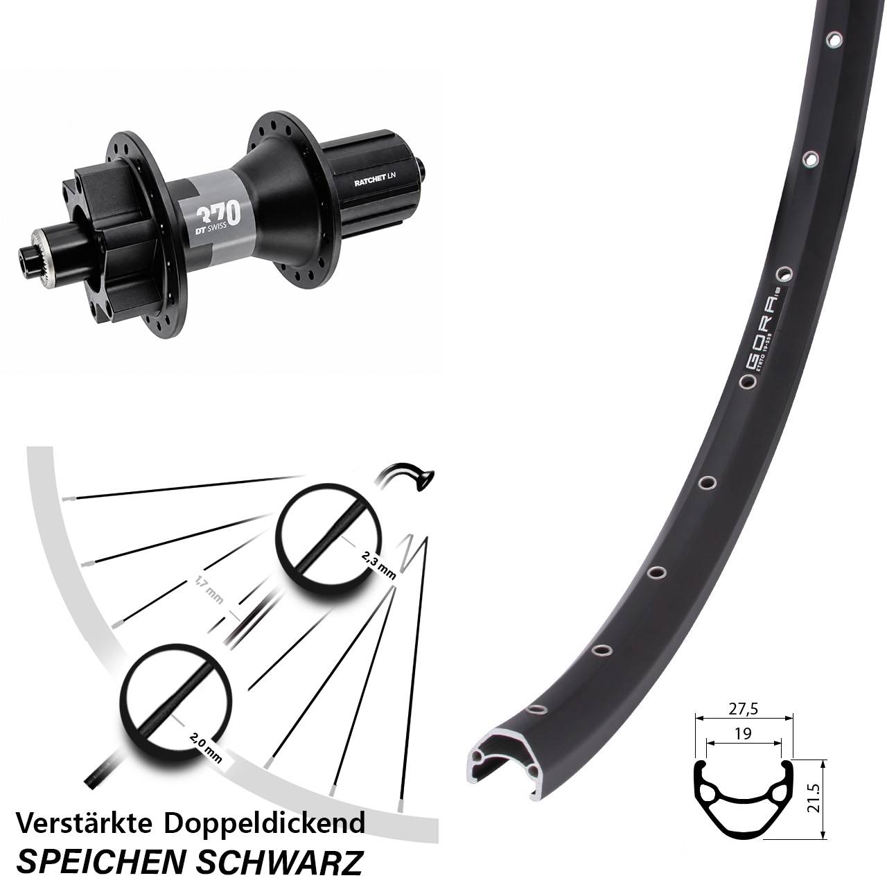 Gora 19 DT Swiss 370 28 Zoll 6-Loch Hinterrad für Schnellspanner 8-11 fach HG