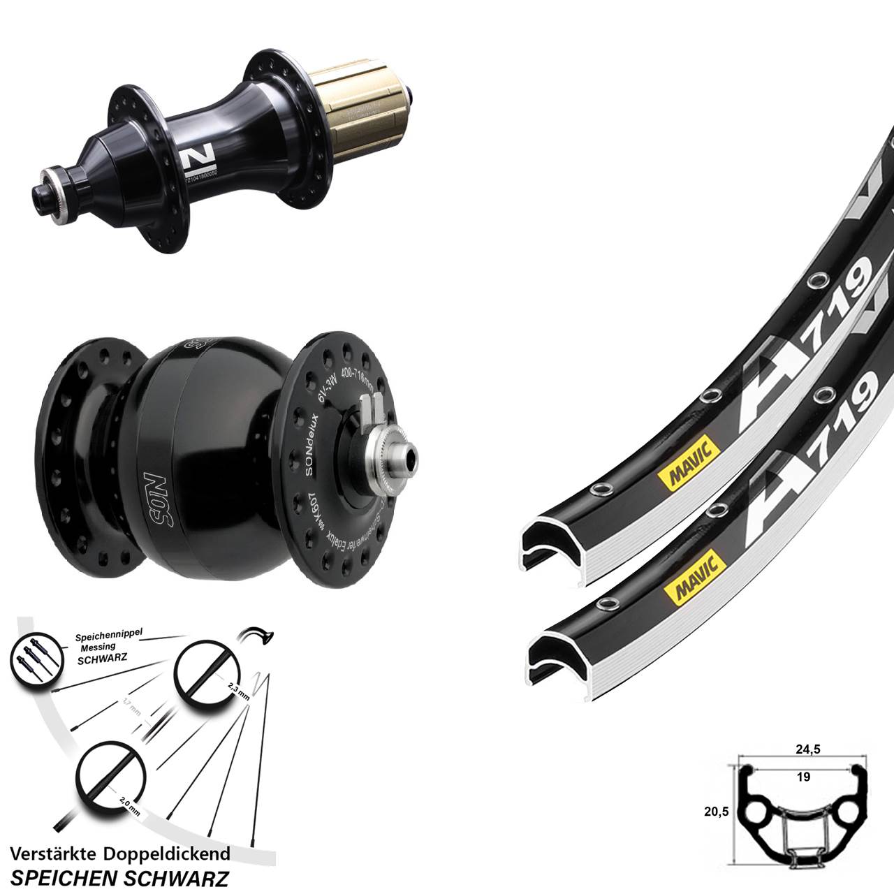 Mavic A 719 Novatec F-162SB SON delux wide body 28 Zoll Laufrad-Satz 8-12 fach