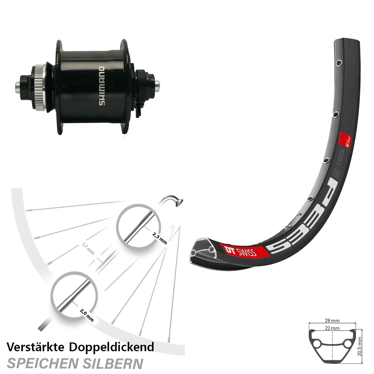 Vorderrad mit Nabendynamo Shimano DH-UR700 DT Swiss 533 D 28-29 Zoll Centerlock