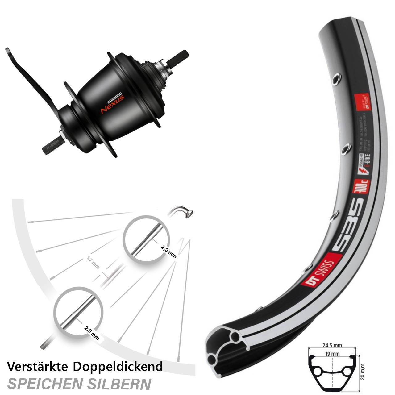 28 Zoll DT Swiss 535 Hinterrad Shimano SG-C3001 7 Gang Rücktritt Nexus