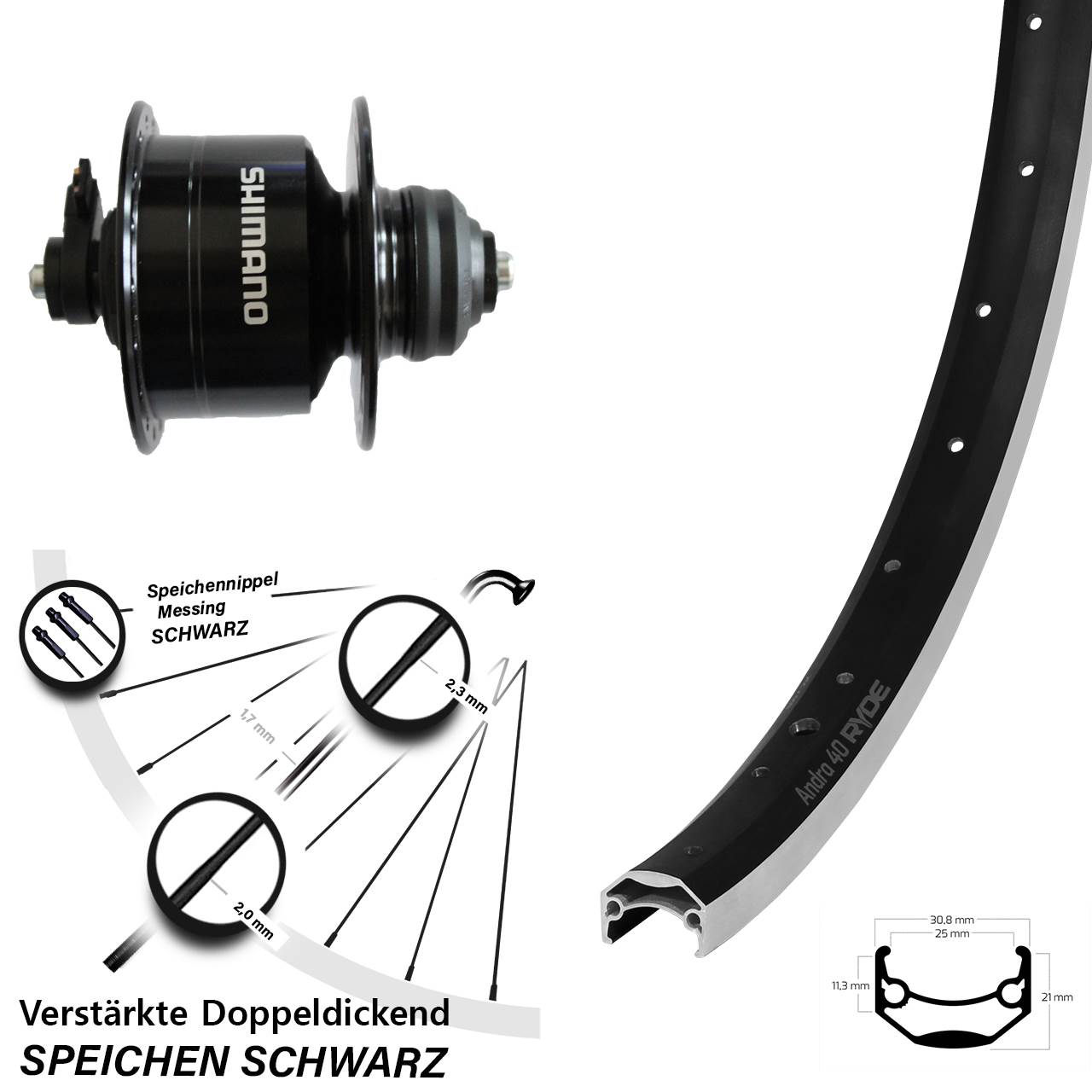 Vorderrad mit Dynamo 26 Zoll Ryde Andra 40 Shimano DH-3D72 QR