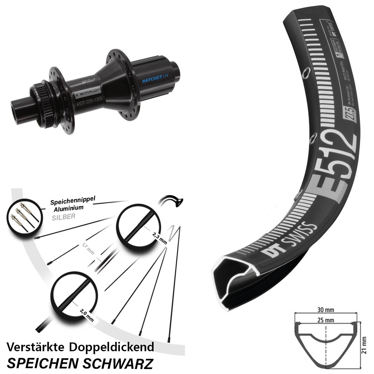Hinterrad Centerlock 12x142 29 Zoll DT Swiss E512-370 Hybrid 8-11 fach HG