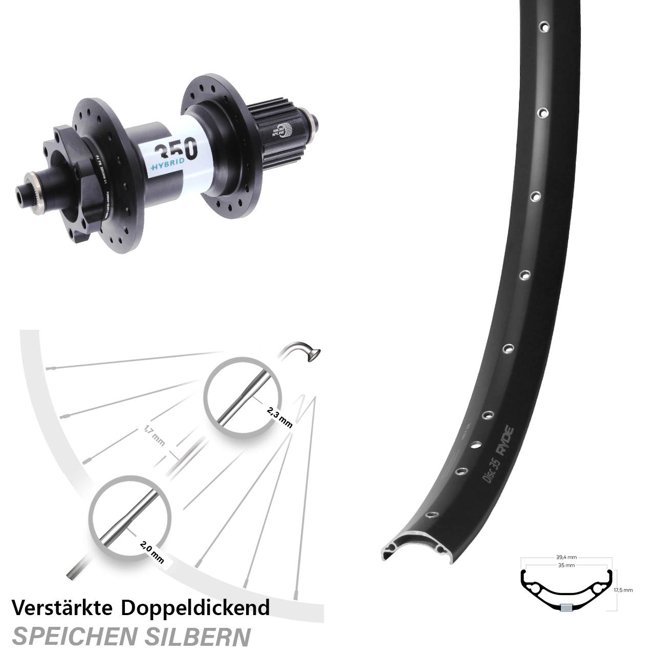 6-Loch Hinterrad 29 Zoll Ryde Disc 35 DT Swiss 350 Hybrid Micro Spline QR Boost